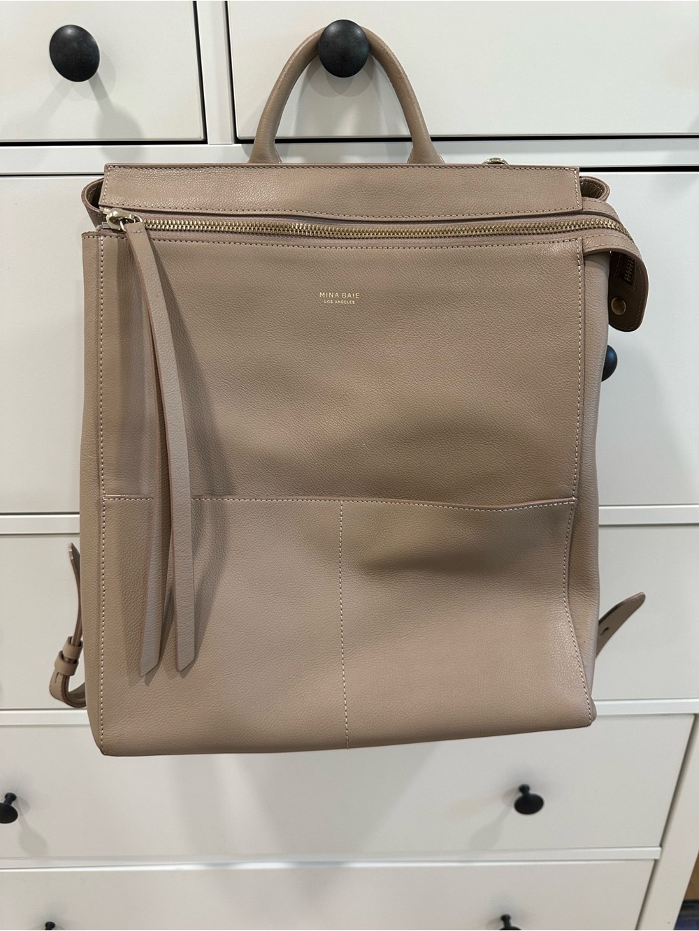 Mina Baie Taupe Leather Backpack- Diaper bag
